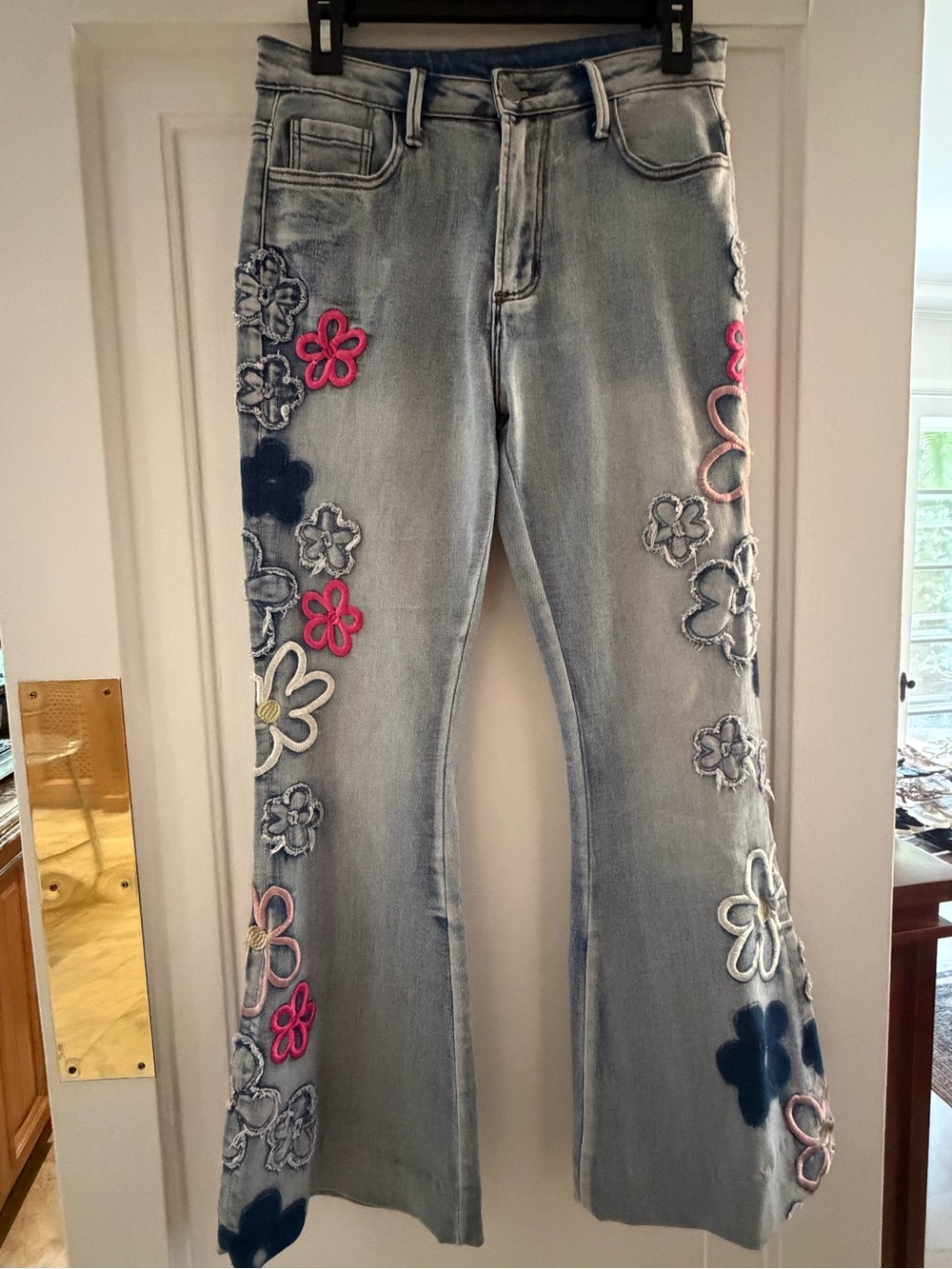 Light Blue Floral Embroidered Flare Jeans - Women's